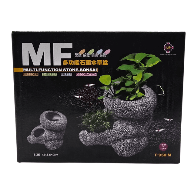 MF Multi Function Stone Bonsai F-950 packaging, designed for aquatic plants and aquarium filtration, size 12x8.5x9cm.