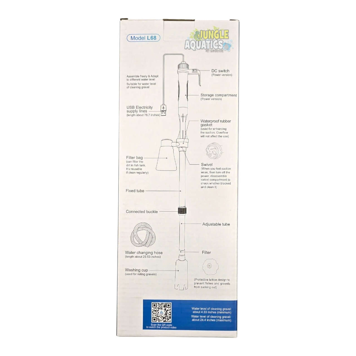 Mini Aquarium Electric Gravel Cleaner features and specifications on product packaging for efficient fish tank maintenance.