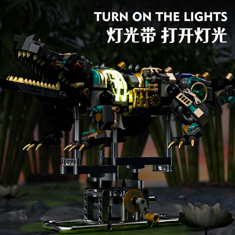 MJI Machinery Crocodile 13056 illuminated model with intricate details and vibrant colors, showcasing unique building elements.