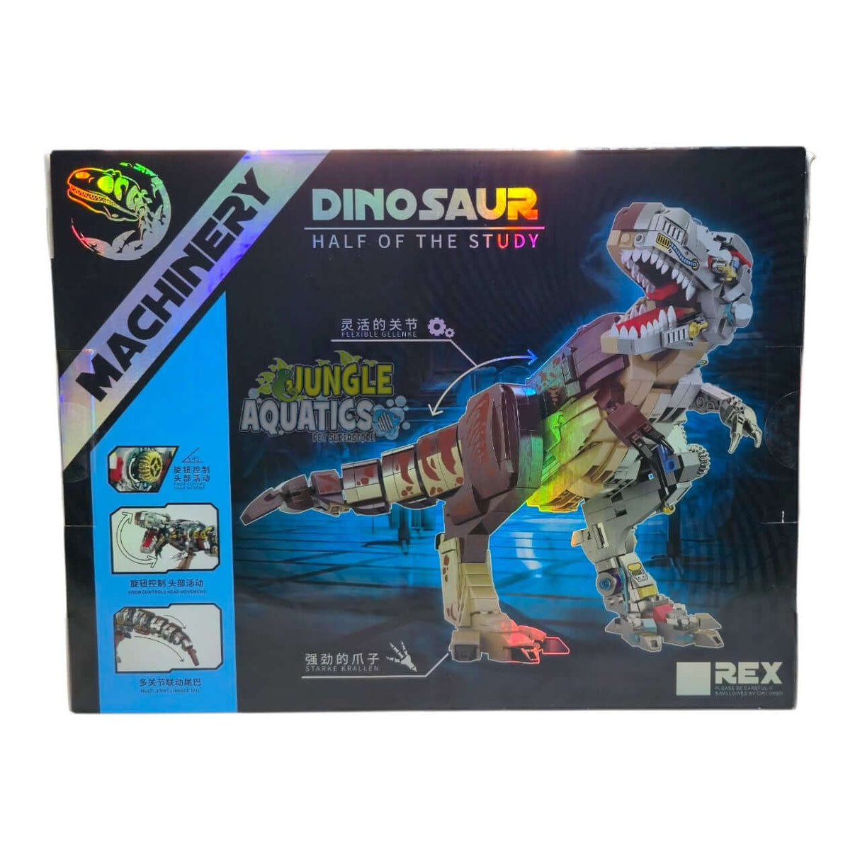 MJI Machinery Dinosaur 13050 building blocks set with T-Rex design and illustrated instruction booklet.