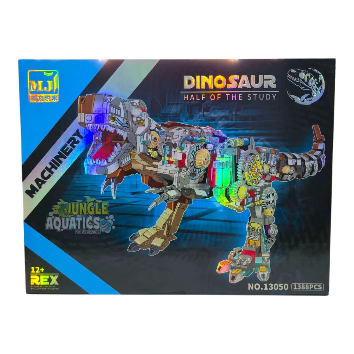 MJI Machinery Dinosaur 13050 building blocks set packaging featuring vibrant graphics and detailed dinosaur design.