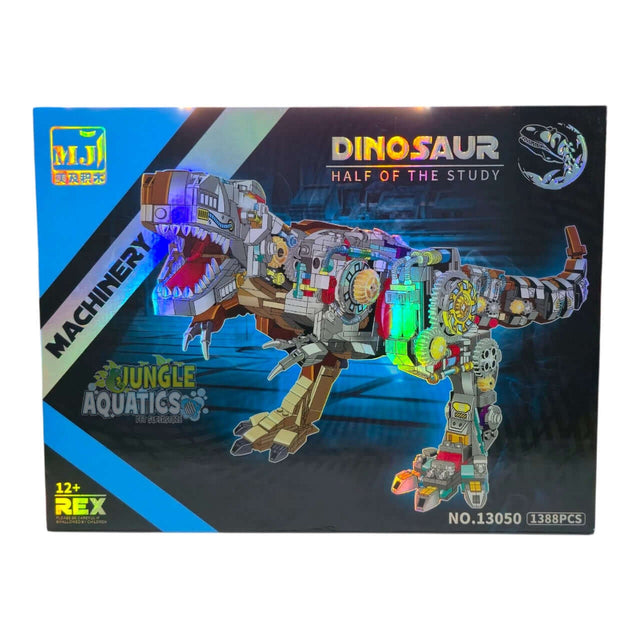 MJI Machinery Dinosaur 13050 building blocks set packaging featuring vibrant graphics and detailed dinosaur design.