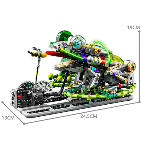 MJI Machinery Frog 13058 building blocks set displayed with dimensions, showcasing detailed design and vibrant colors.