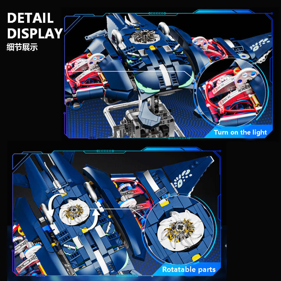 MJI Machinery Mobulidae 13057 detailed display showing rotatable parts and light features of the building blocks set.