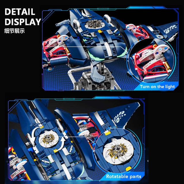 MJI Machinery Mobulidae 13057 detailed display showing rotatable parts and light features of the building blocks set.