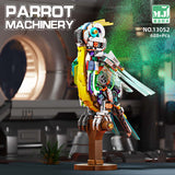 MJI Machinery Parrot 13052 colorful building blocks display with intricate design and 688 pieces, showcasing creative craftsmanship.
