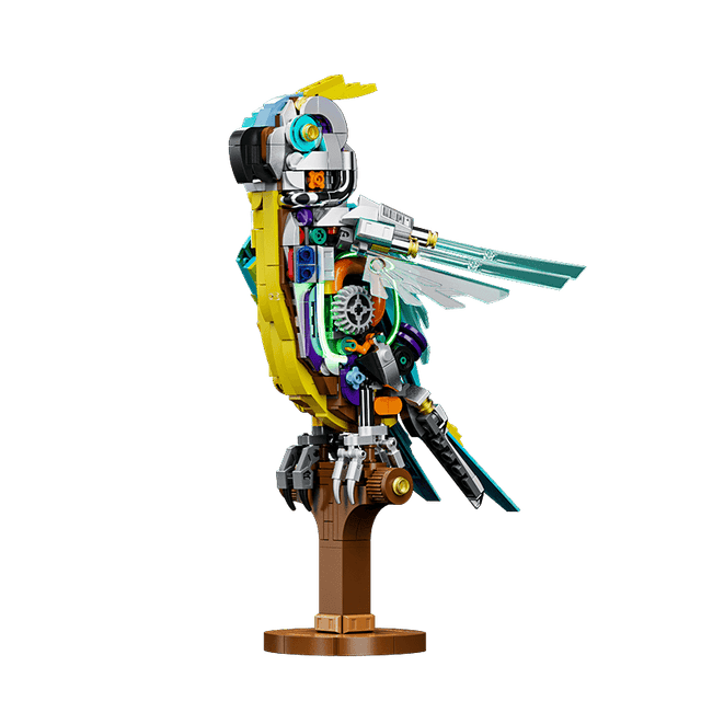 MJI Machinery Parrot 13052 vibrant building blocks parrot model in colorful design, showcasing intricate mechanics and creative construction.