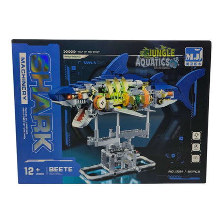 MJI Machinery Shark 13054 building blocks set packaging with detailed components and creativity focus.
