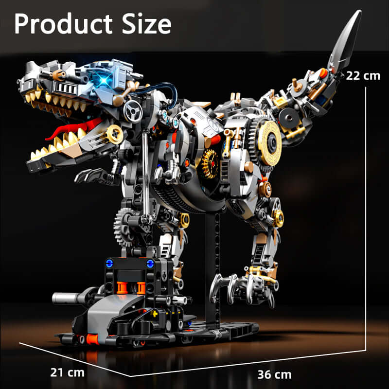 MJI Mechanical Dinosaurs 13087 product size display showing dimensions 21cm x 22cm x 36cm for building blocks set.