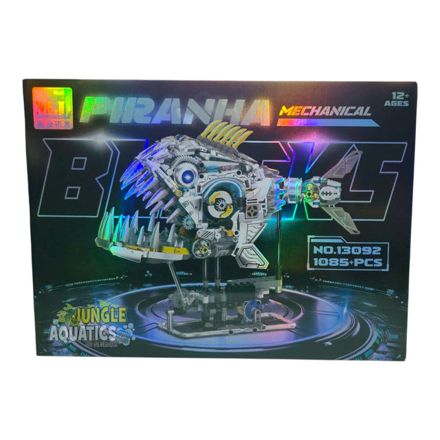 MJI Mechanical Piranha 13092 building blocks set with intricate fish design and colorful packaging.