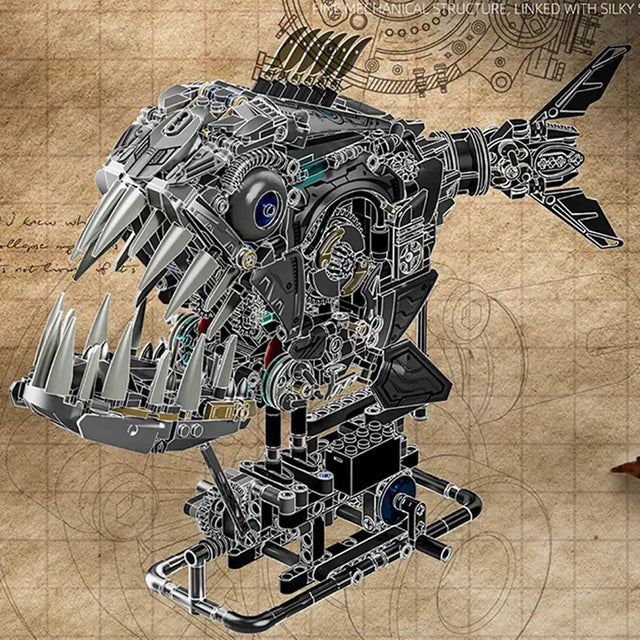 MJI Mechanical Piranha 13092 detailed mechanical fish model with intricate building block design.