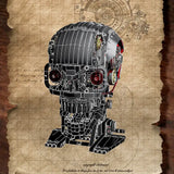 MJI Mechanical Skeleton 13089 detailed mechanical figure against a vintage blueprint background