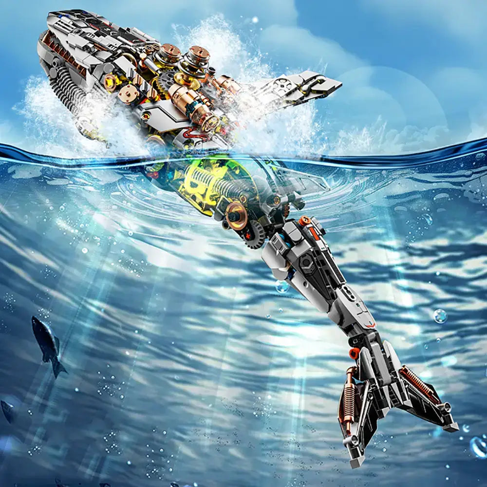 MJI Mechanical Whale 13059 model swimming in water, showcasing detailed building blocks and intricate design.