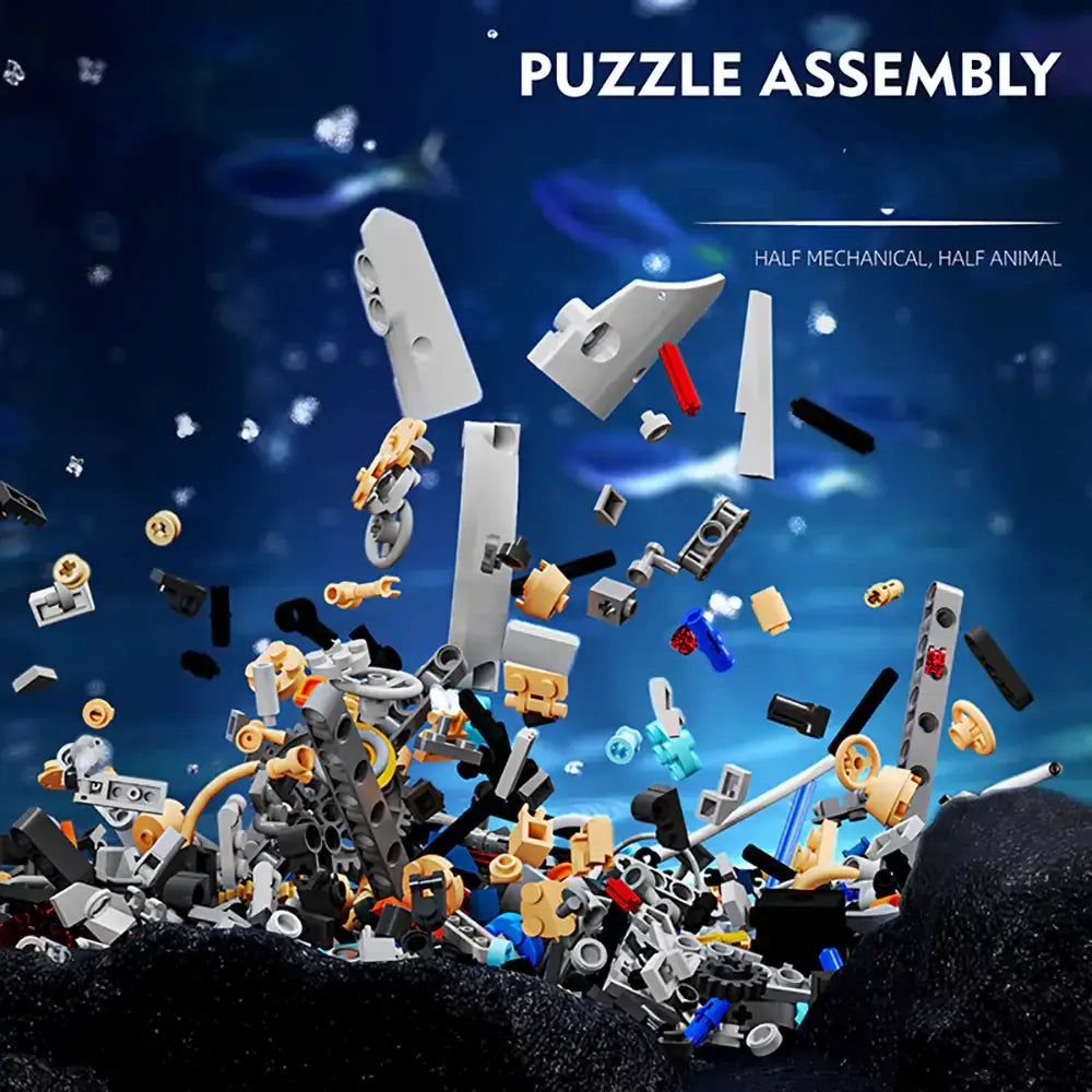 Colorful assembly of MJI Mechanical Whale 13059 building blocks, showcasing creativity and construction elements.