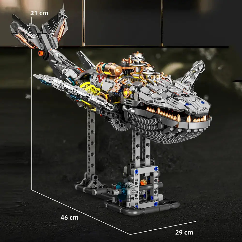 MJI Mechanical Whale 13059 showcased with dimensions 21 cm height, 46 cm length, and 29 cm width, perfectly built with detailed design.