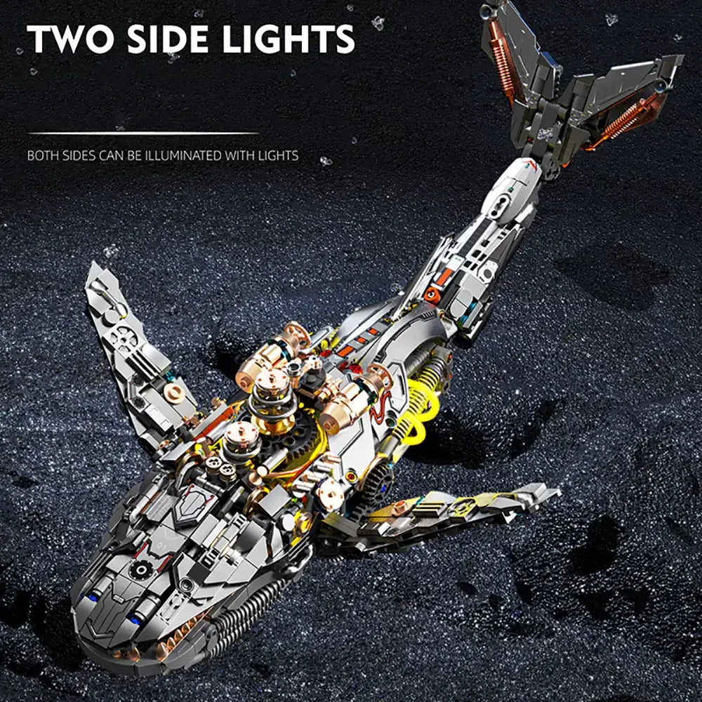 MJI Mechanical Whale 13059 featuring two side lights illuminating the detailed build and design.