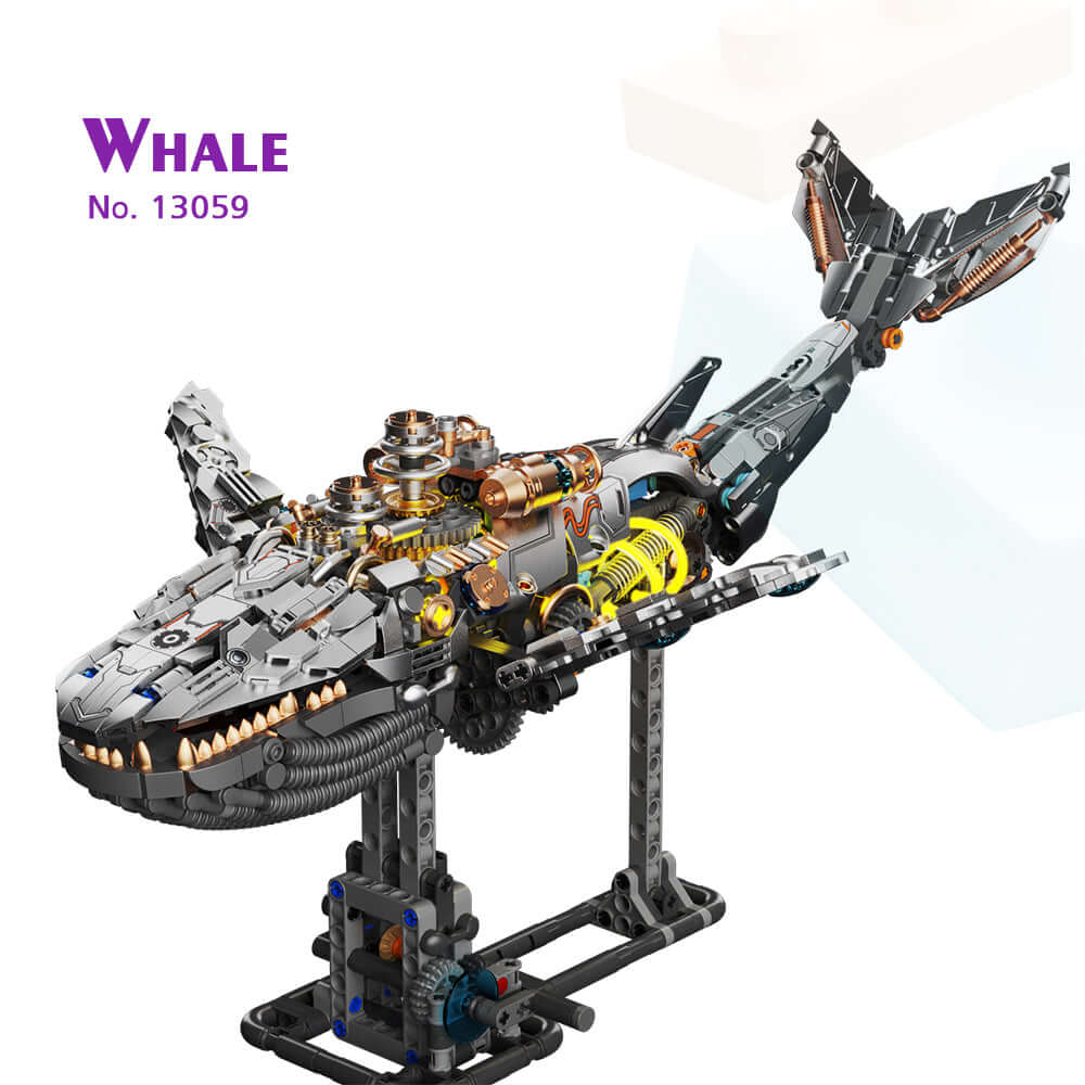 MJI Mechanical Whale 13059 model built from blocks, showcasing intricate design and factory sealed packaging.