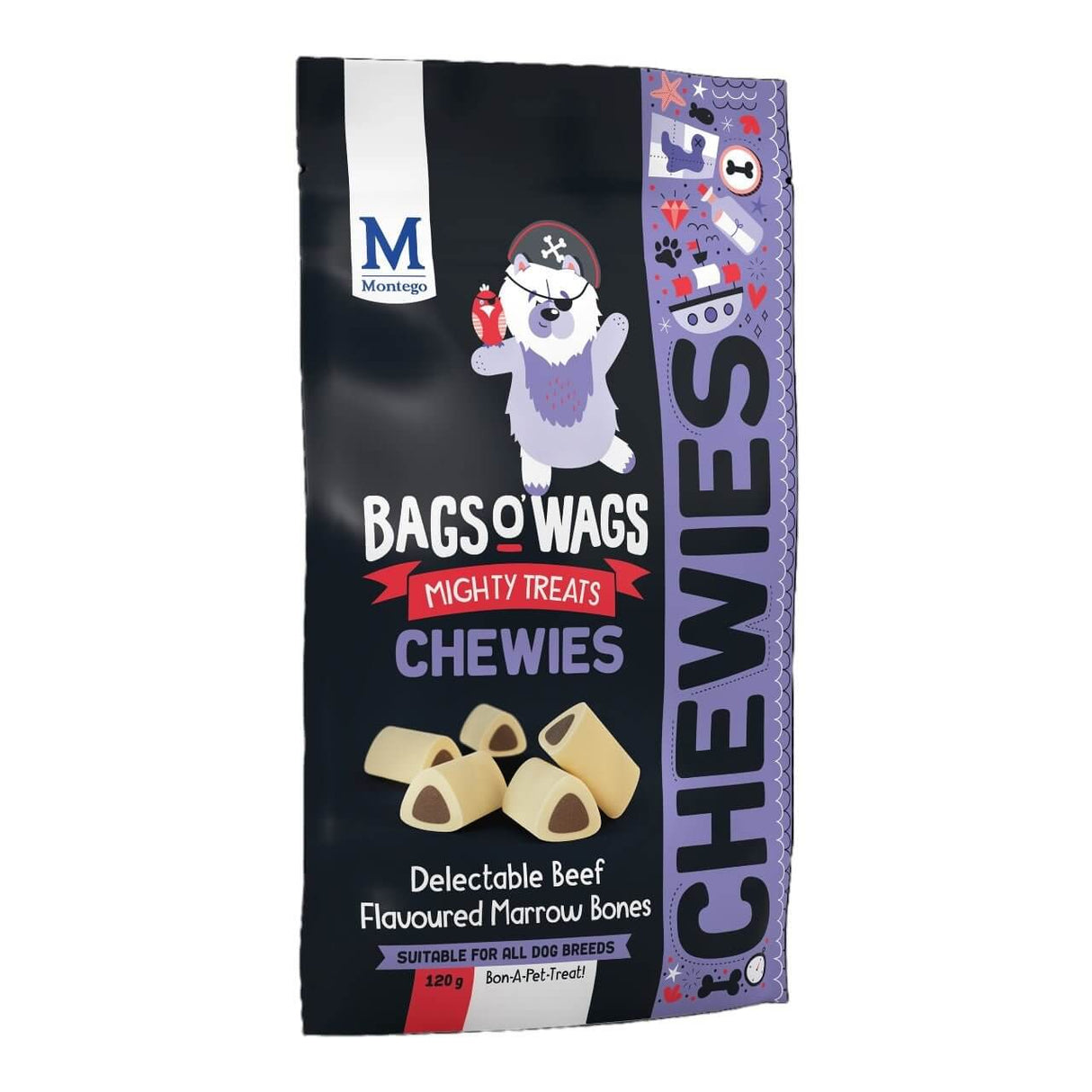 Montego Bags O Wags Chewies dog treats packaging featuring beef-flavored marrow bones for all dog breeds.
