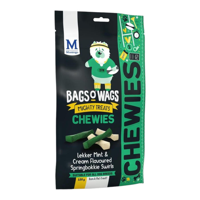 Montego Bags O Wags Chewies Dog Treats packaging featuring mint and cream flavored springbok swirls for all dogs.