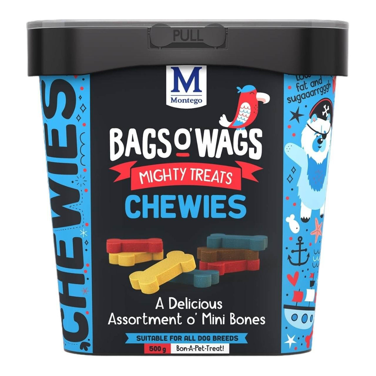 Montego Bags O Wags Chewies dog treats tub, featuring assorted mini bones, suitable for all dog breeds, 500 g.