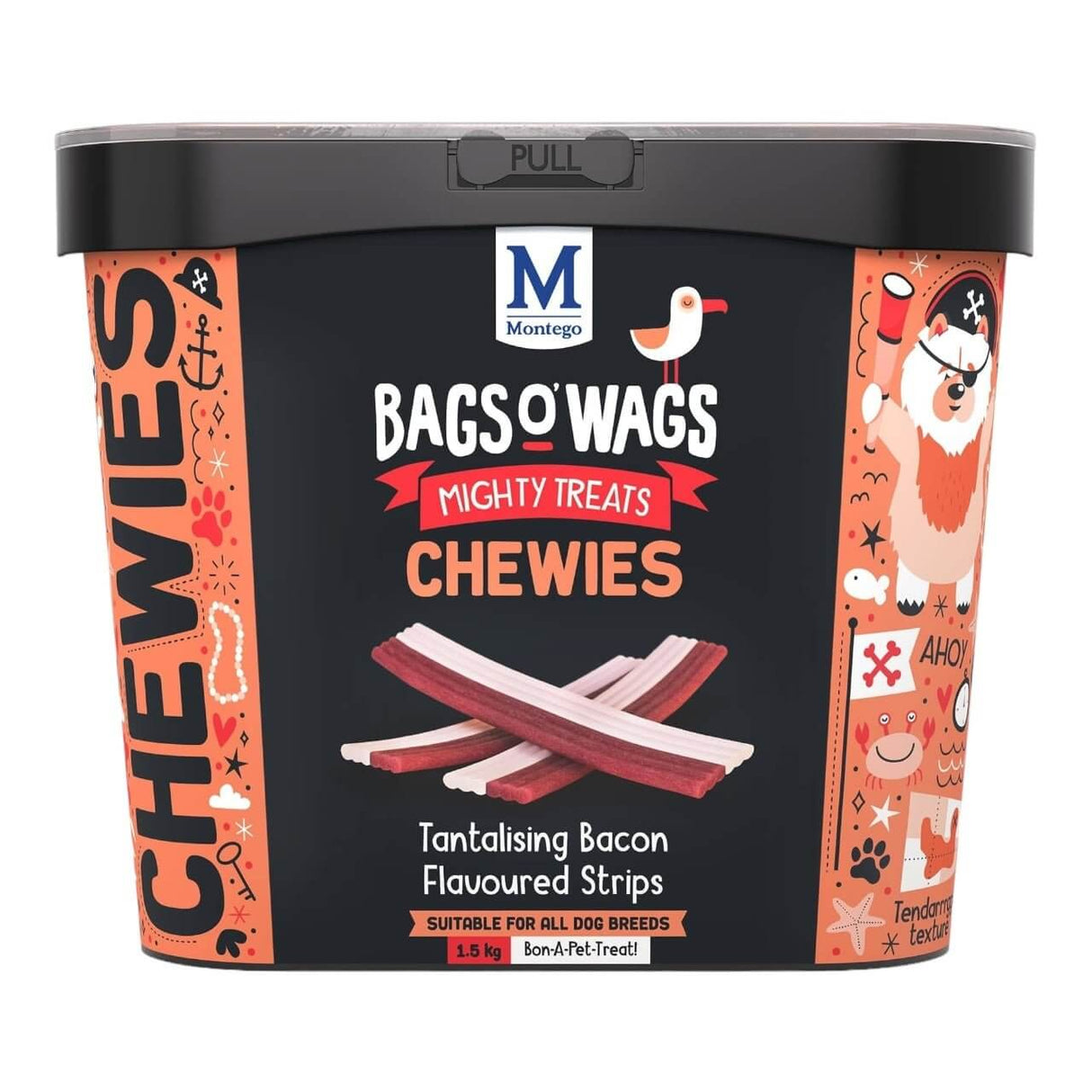 Montego Bags O Wags Chewies dog treats tub featuring bacon-flavored strips for all dog breeds, highly nutritious and tasty.