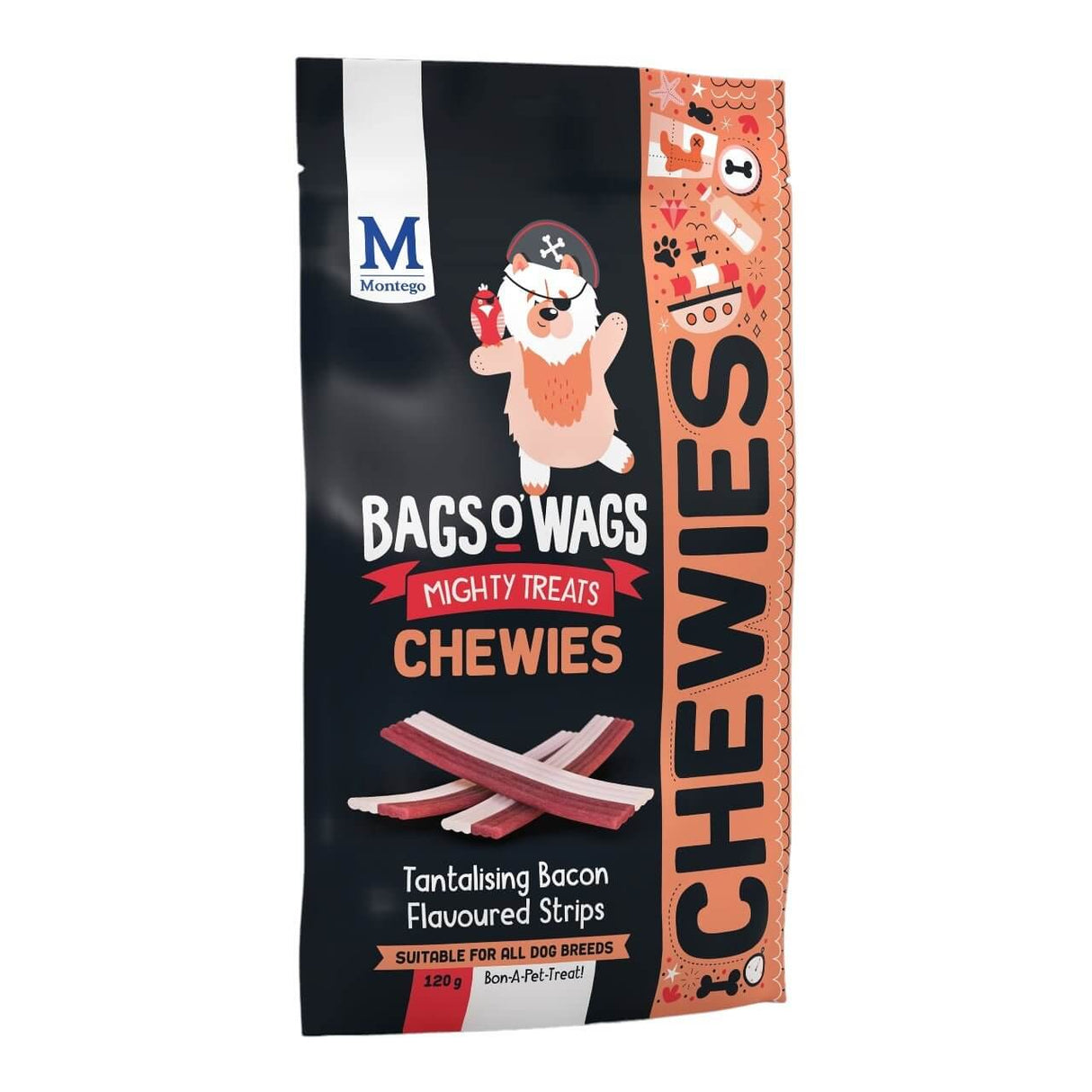 Montego Bags O Wags Chewies dog treats packaging featuring tantalizing bacon flavored strips for all dog breeds.