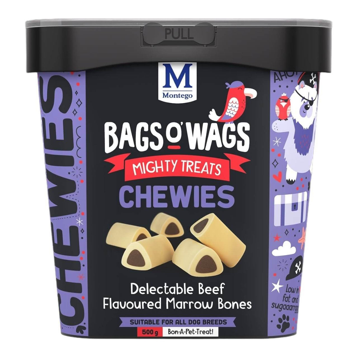 Montego Bags O Wags Chewies dog treats container featuring beef-flavored marrow bones, suitable for all dog breeds.