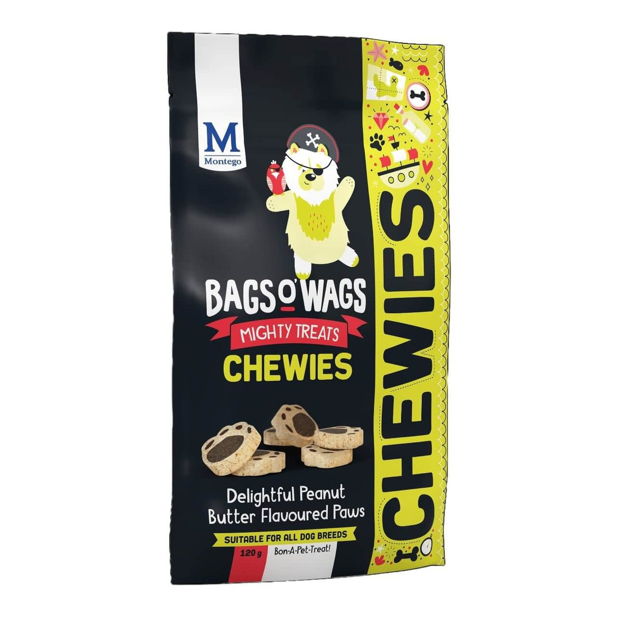 Montego Bags O Wags Chewies dog treats packaging with peanut butter flavored paws, suitable for all dog breeds.