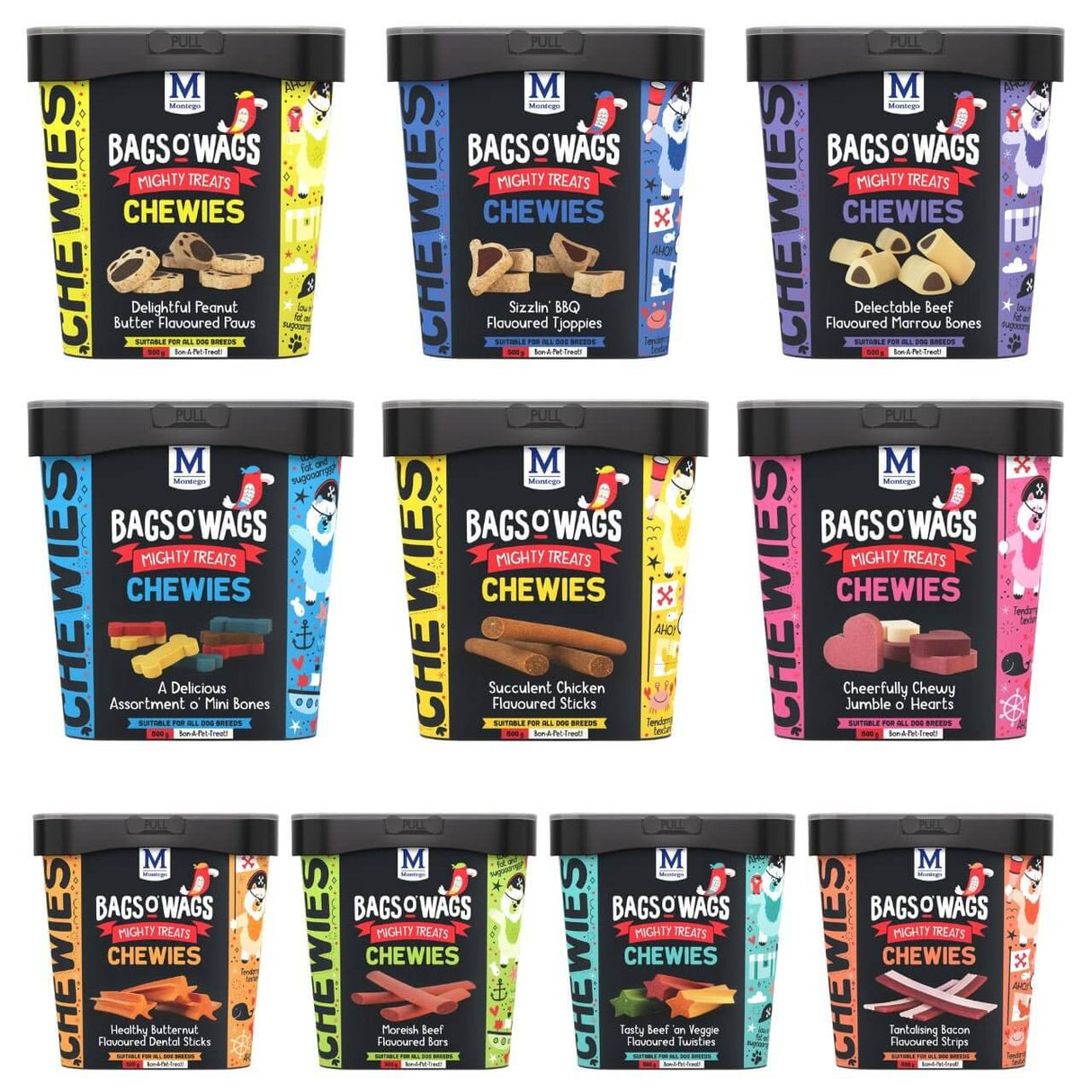Montego Bags O Wags Chewies dog treats in various flavors and packaging, perfect for rewarding good behavior.