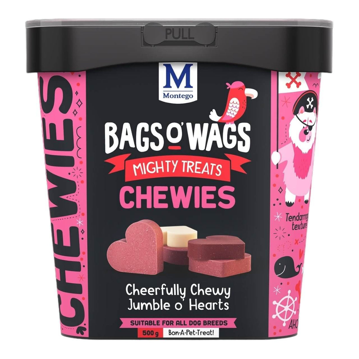 Montego Bags O Wags Chewies dog treats container featuring various chewy shapes, suitable for all dog breeds, 500g.