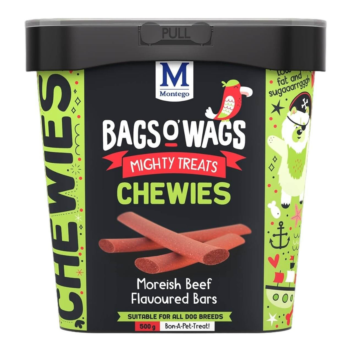 Montego Bags O Wags Chewies dog treats container with beef flavored bars, ideal for rewarding pets.