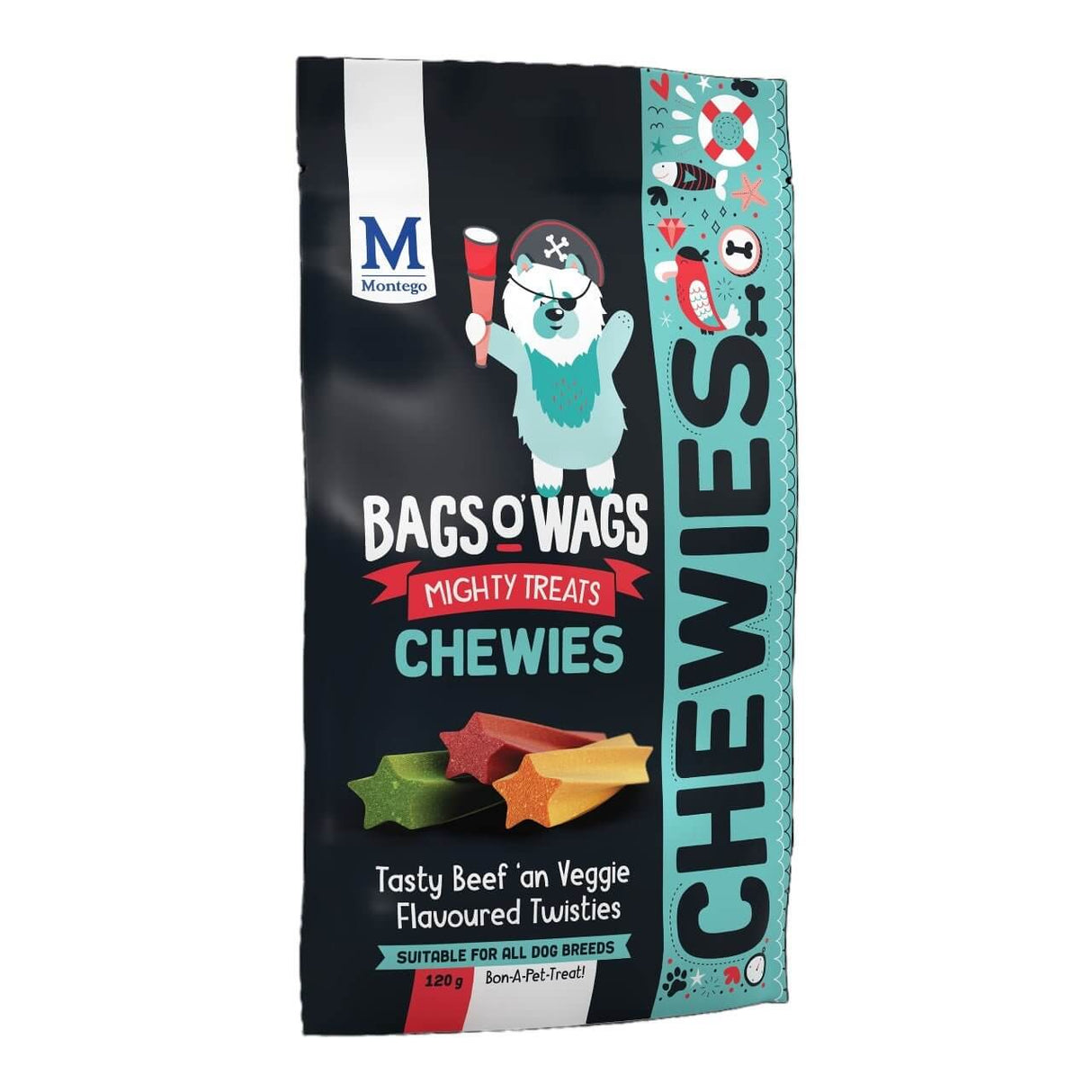 Montego Bags O Wags Chewies dog treats package featuring tasty beef and veggie flavored twisties for all dog breeds.
