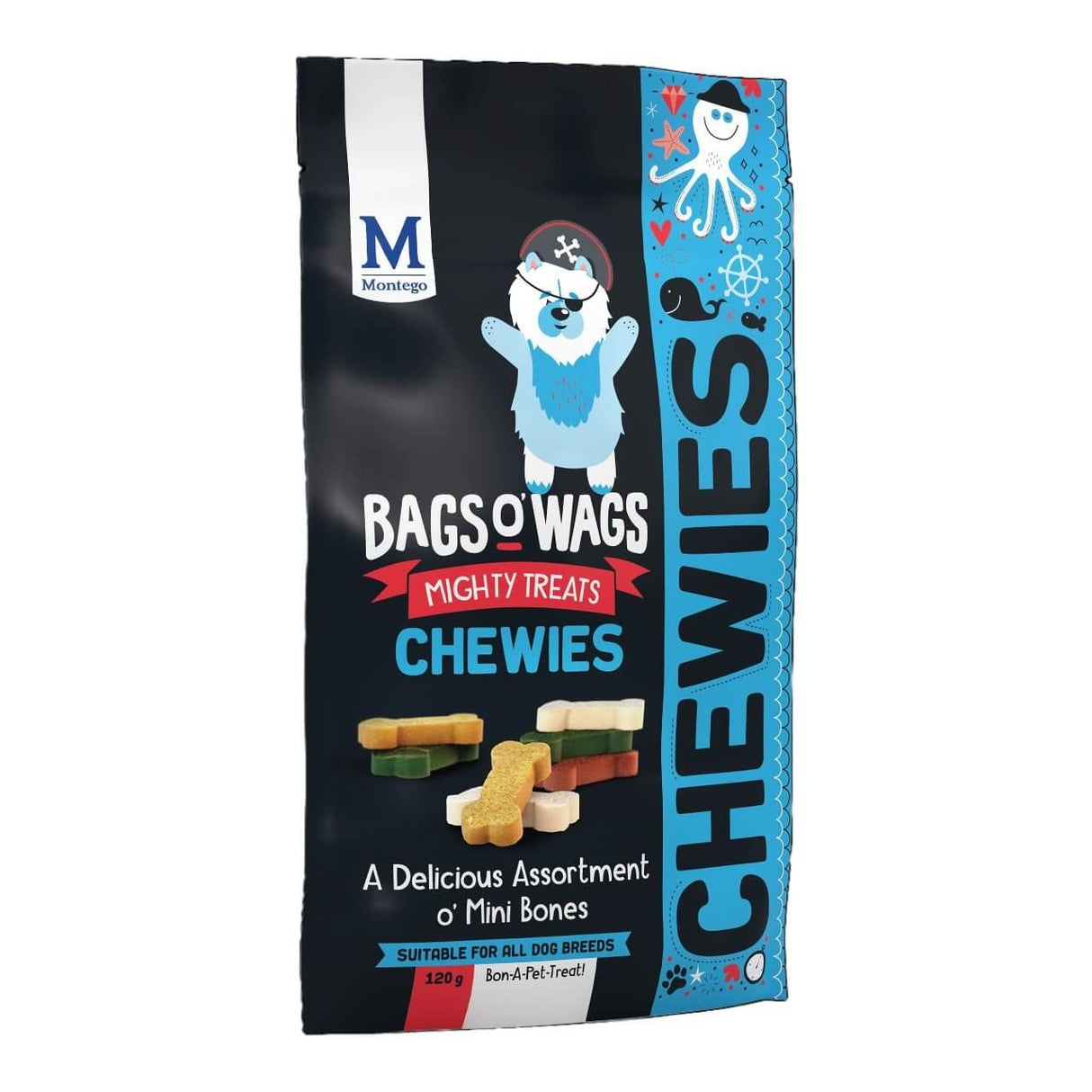 Montego Bags O Wags Chewies dog treats packaging with a colorful pirate design and assorted mini bone treats.
