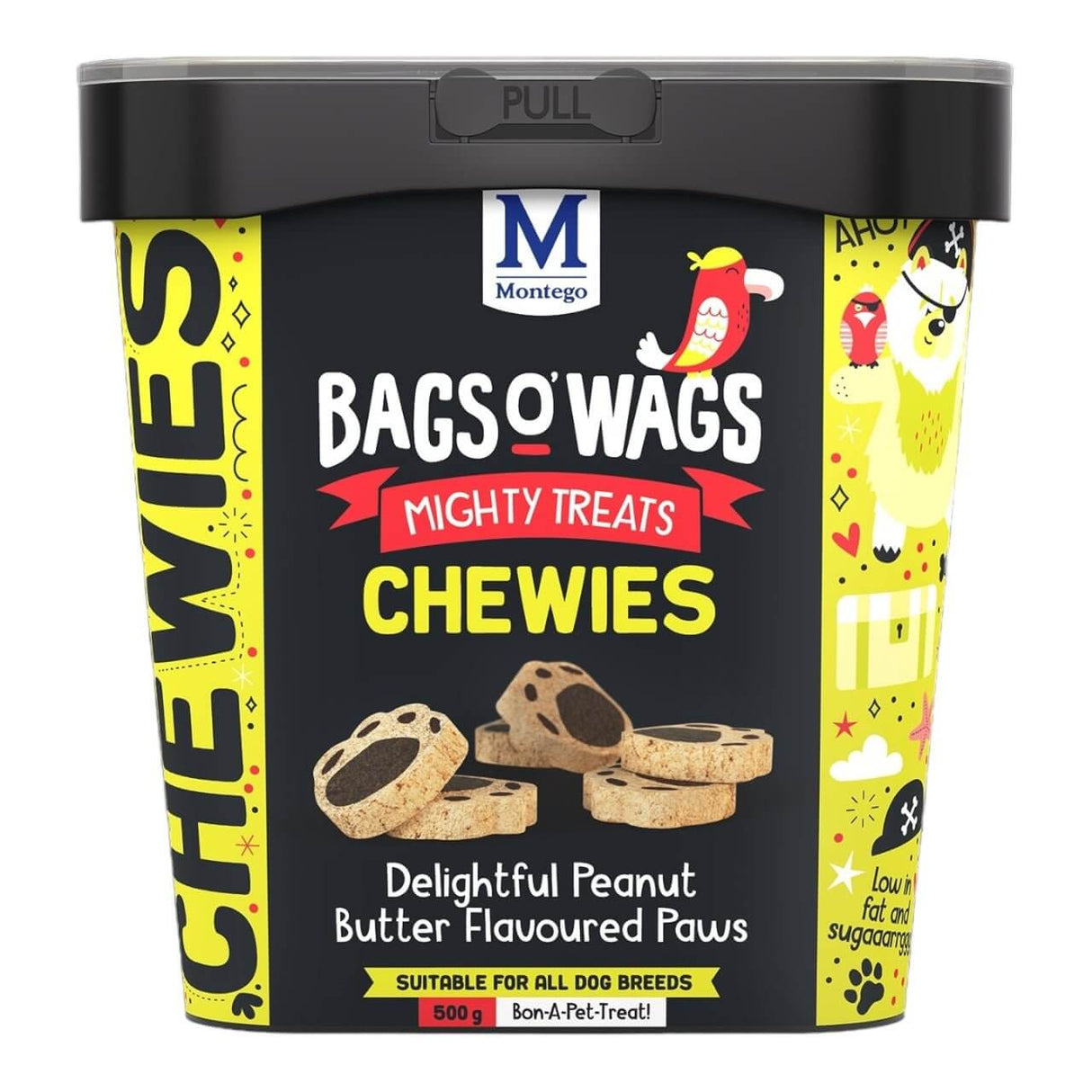 Montego Bags O Wags Chewies dog treats container featuring peanut butter flavored paws, perfect for all dog breeds.