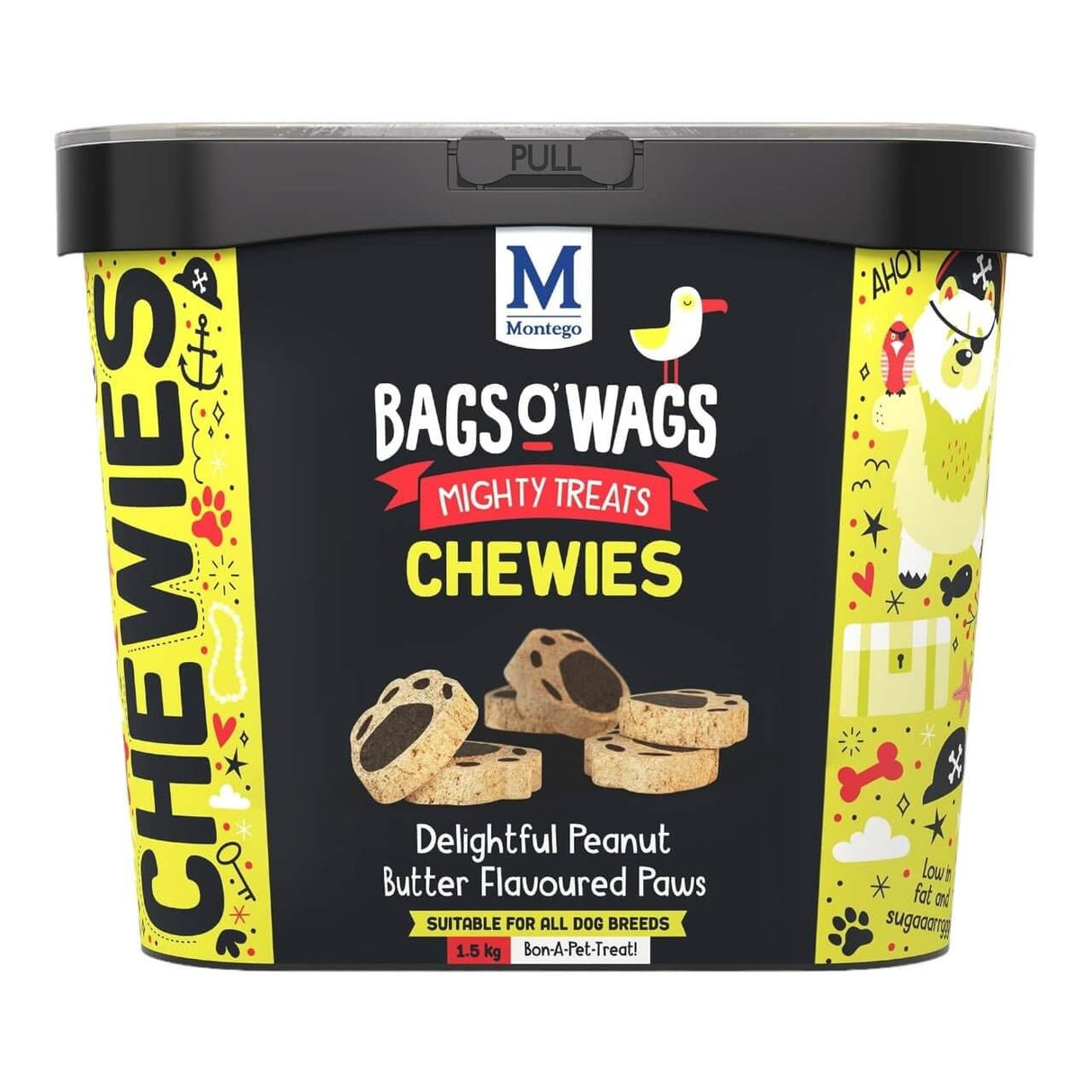 Montego Bags O Wags Chewies dog treats tub, featuring peanut butter flavored paws, suitable for all dog breeds.