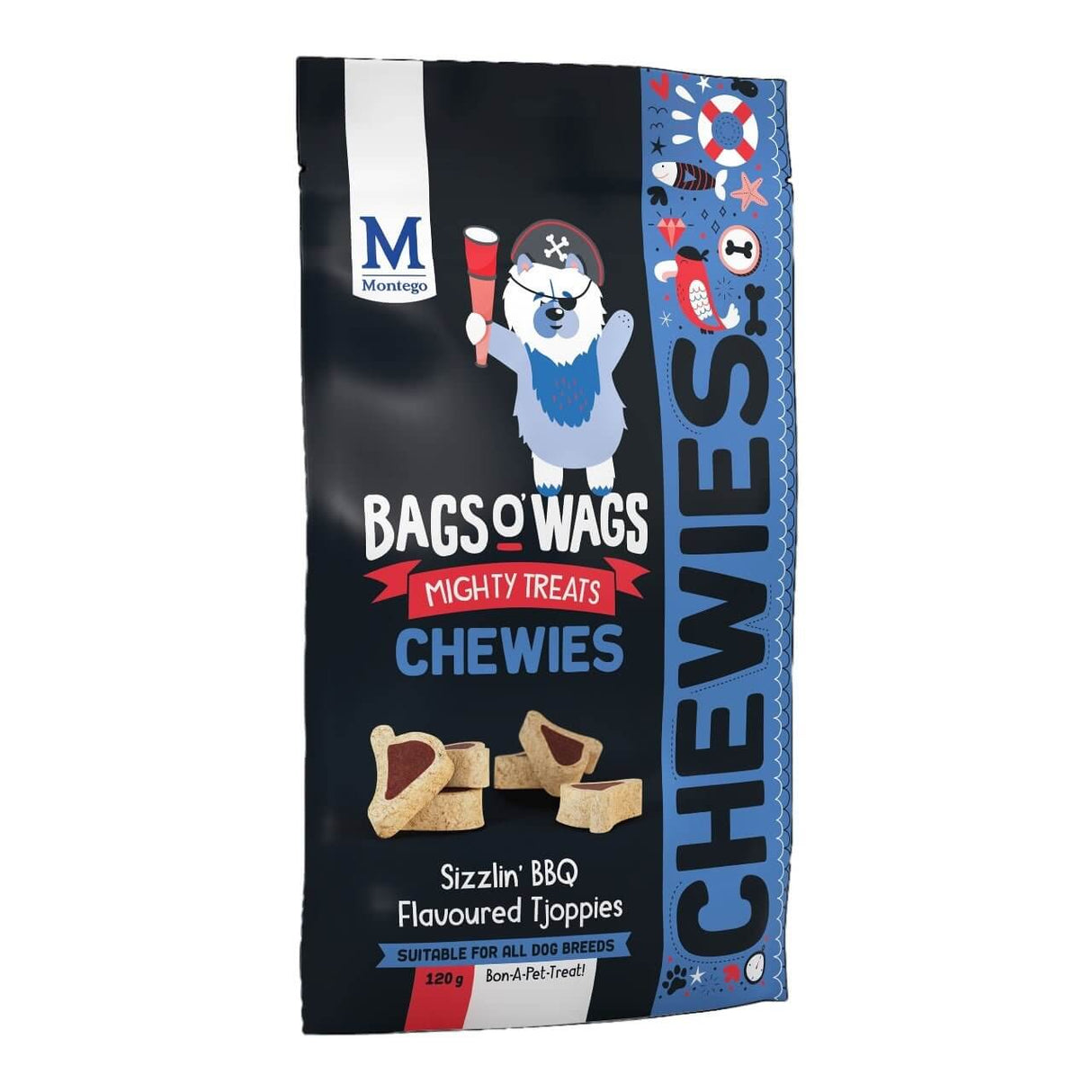 Montego Bags O Wags Chewies dog treats, Sizzlin' BBQ flavored, nutritious snacks for all dog breeds in packaging.