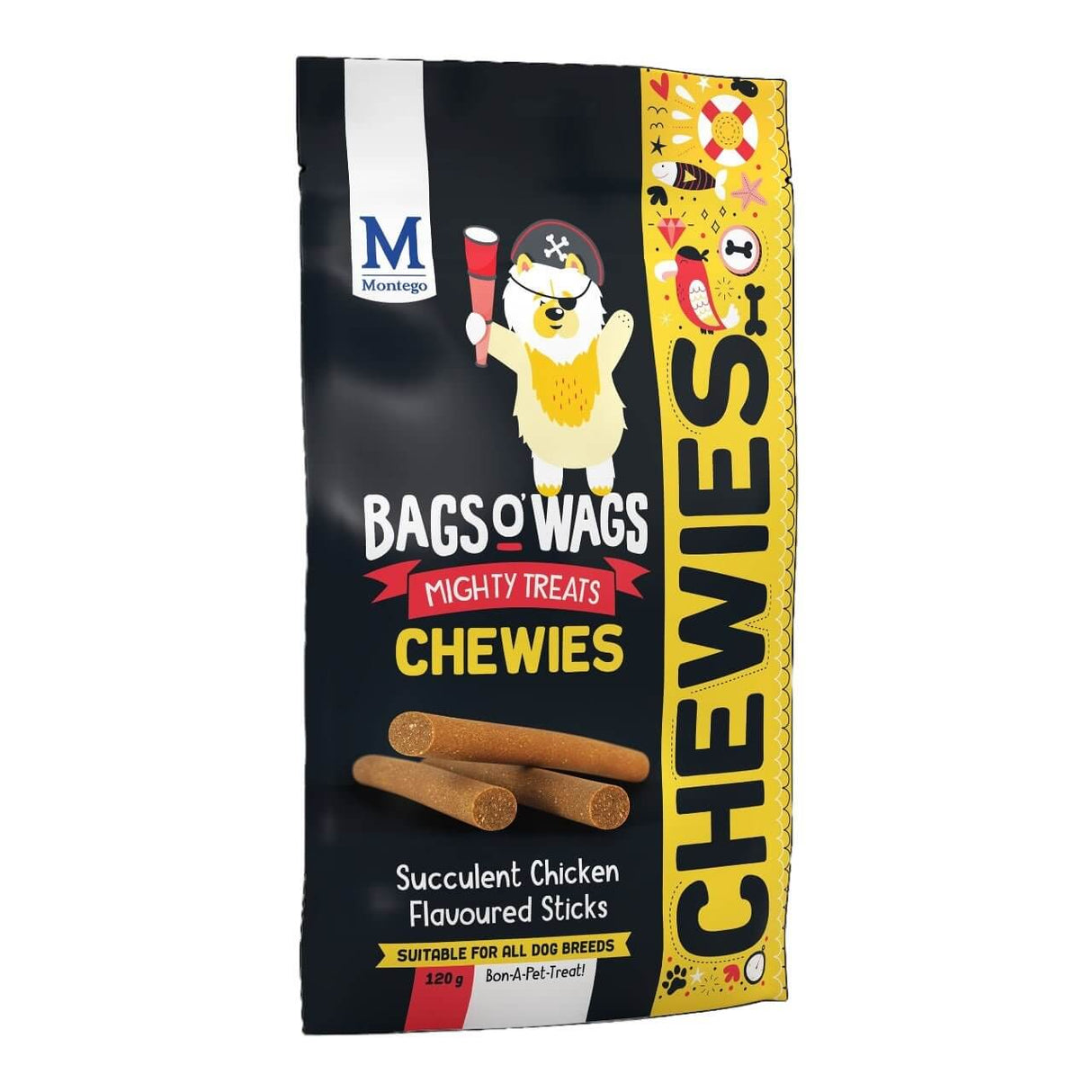 Montego Bags O Wags Chewies dog treats packaging featuring succulent chicken flavored sticks for all dog breeds.