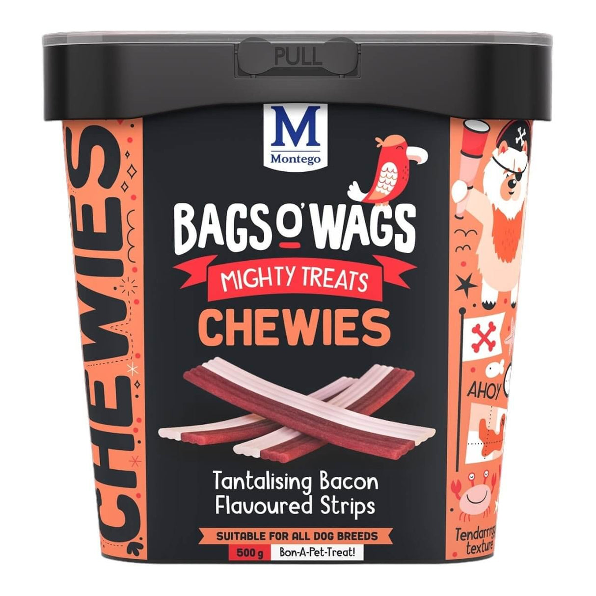 Montego Bags O Wags Chewies dog treats, bacon-flavored strips in a 500g container, perfect for rewarding good behavior.