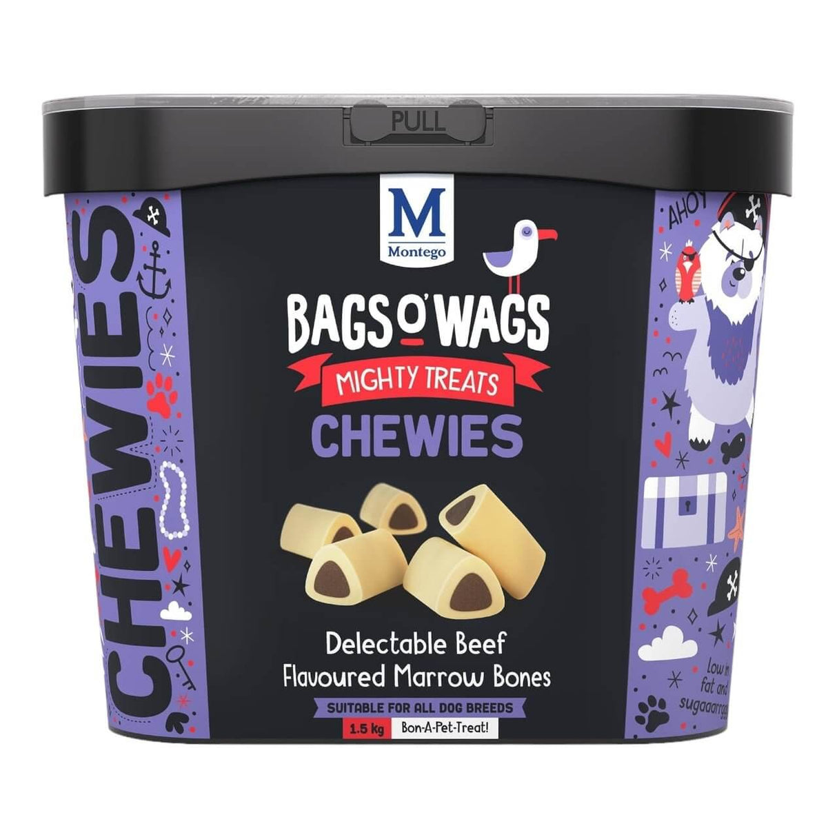 Montego Bags O Wags Chewies dog treats tub with beef-flavored marrow bones, nutritious snacks for all dog breeds.