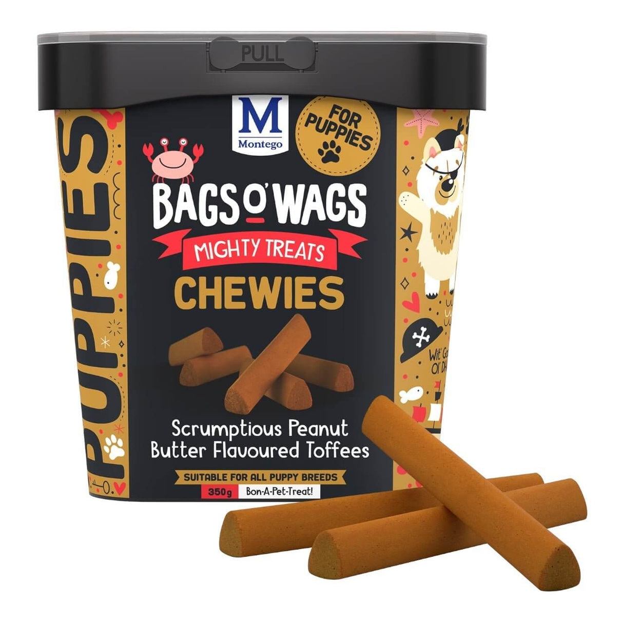 Montego Bags O Wags Chewies for Puppies, 350g, scrumptious peanut butter flavored treats in a colorful container.