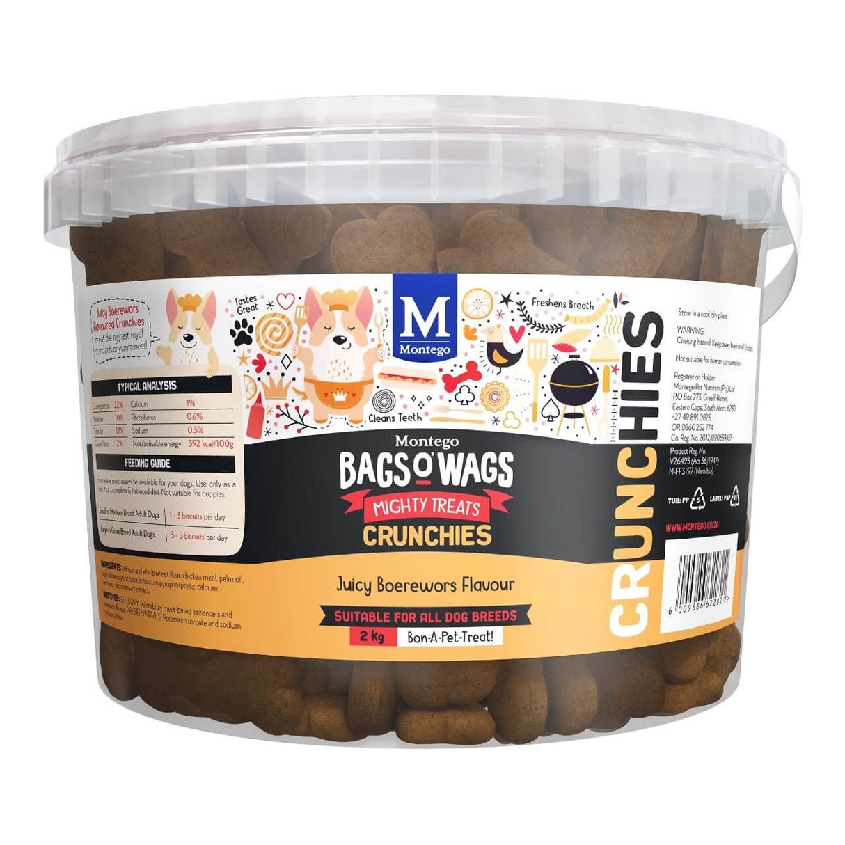 Montego Bags O Wags Crunchies Boerewors 2kg container with dog biscuits, ideal treat for all dog breeds.