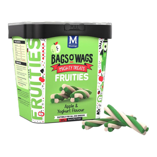 Montego Bags O Wags Fruities Apple and Yoghurt Dog Treats container with sticks, suitable for all dog breeds.