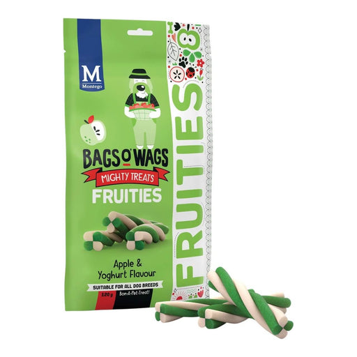 Montego Bags O Wags Fruities Apple and Yoghurt Dog Treats package with green and cream chews, suitable for all dog breeds.