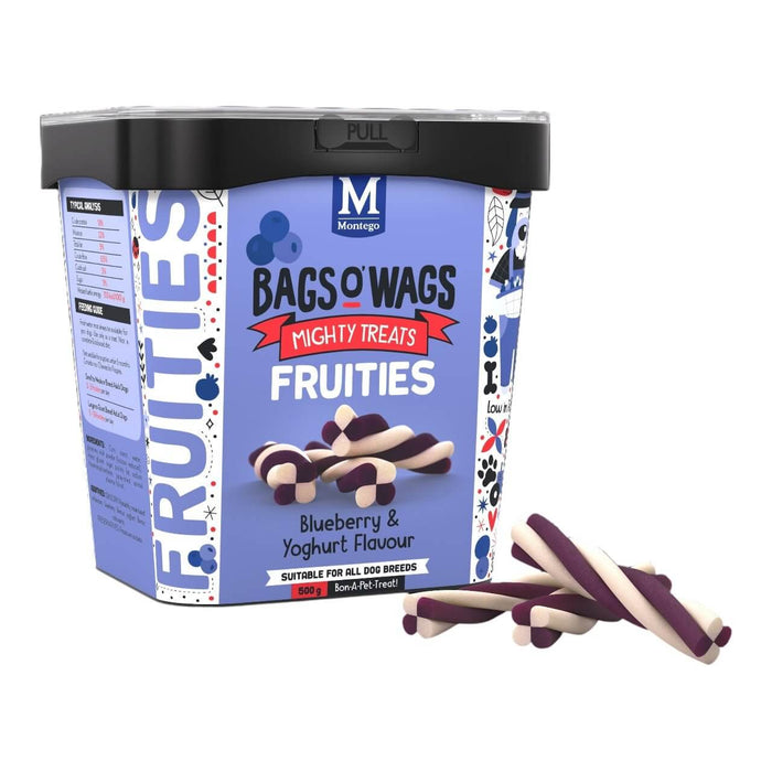 Montego Bags O Wags Fruities Blueberry and Yoghurt Dog Treats tub with treats displayed on the side. Perfect for all dog breeds.