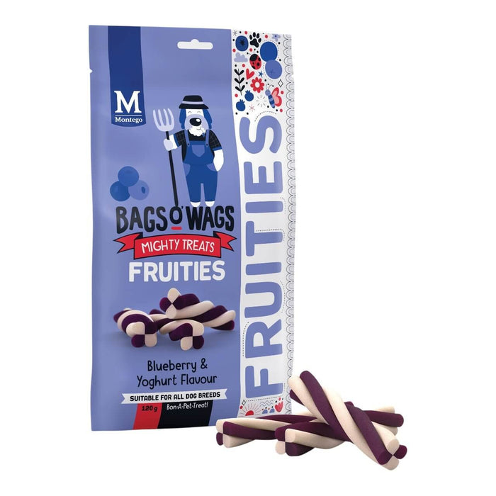 Montego Bags O Wags Fruities Blueberry and Yoghurt Dog Treats package with colorful treats displayed.