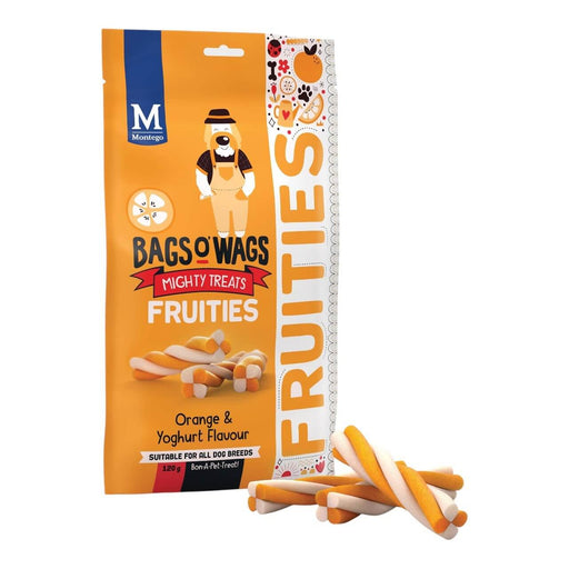 Montego Bags O Wags Fruities Orange and Yoghurt Dog Treats packaging with treats showcasing nutritious snacks for dogs.