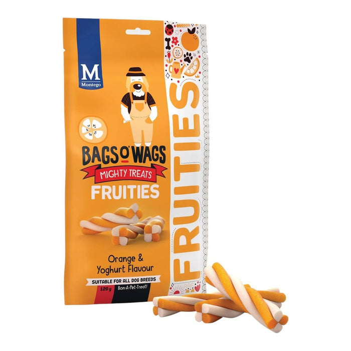 Montego Bags O Wags Fruities Orange and Yoghurt Dog Treats packaging with treats showcasing nutritious snacks for dogs.