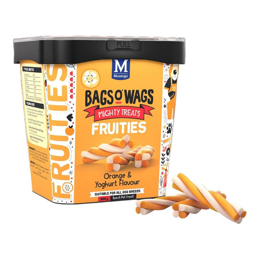 Montego Bags O Wags Fruities Orange and Yoghurt Dog Treats tub with fruity snacks, perfect for all dog breeds.