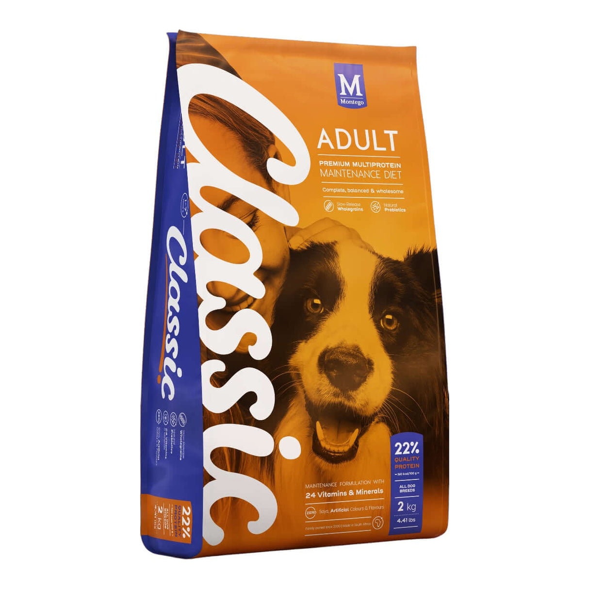 Montego Classic Adult Dog Food packaging, 2 kg, premium multi-protein diet for adult dogs, featuring a happy dog image.