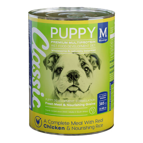 Montego Classic Wet Puppy Food 385g can featuring chicken and nourishing rice for balanced puppy nutrition.